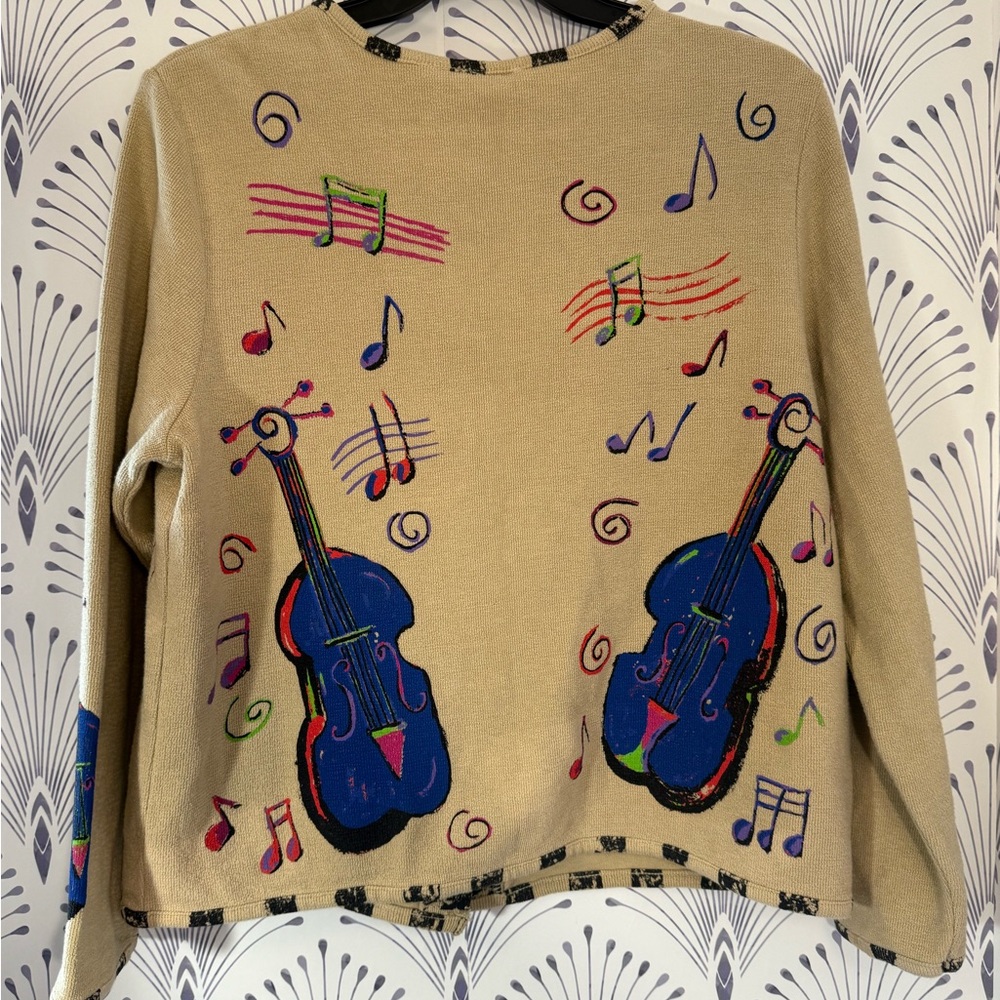 Vintage musical print sweater 80s PTP-22-23 L-24 women’s size M/L no tag - Picture 6 of 6